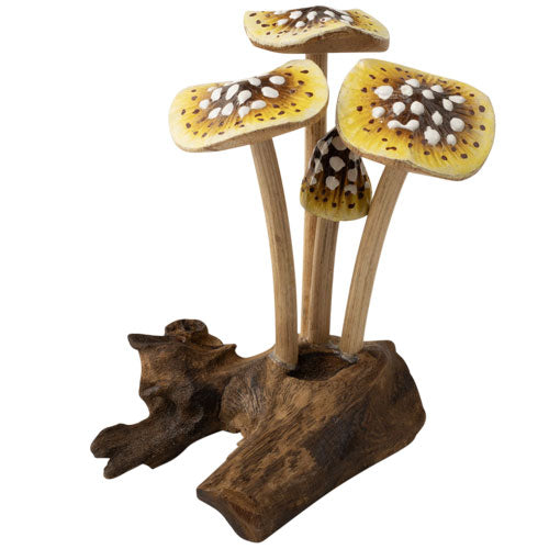 Carved Driftwood 4 Yellow Spotted Mushrooms