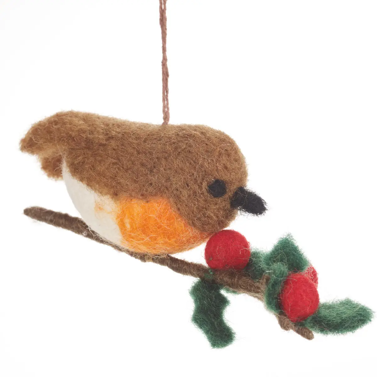 Felted Robin on Holly Branch Ornament