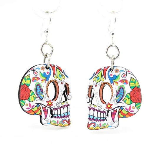 Wooden Profile Sugar Skull Earrings