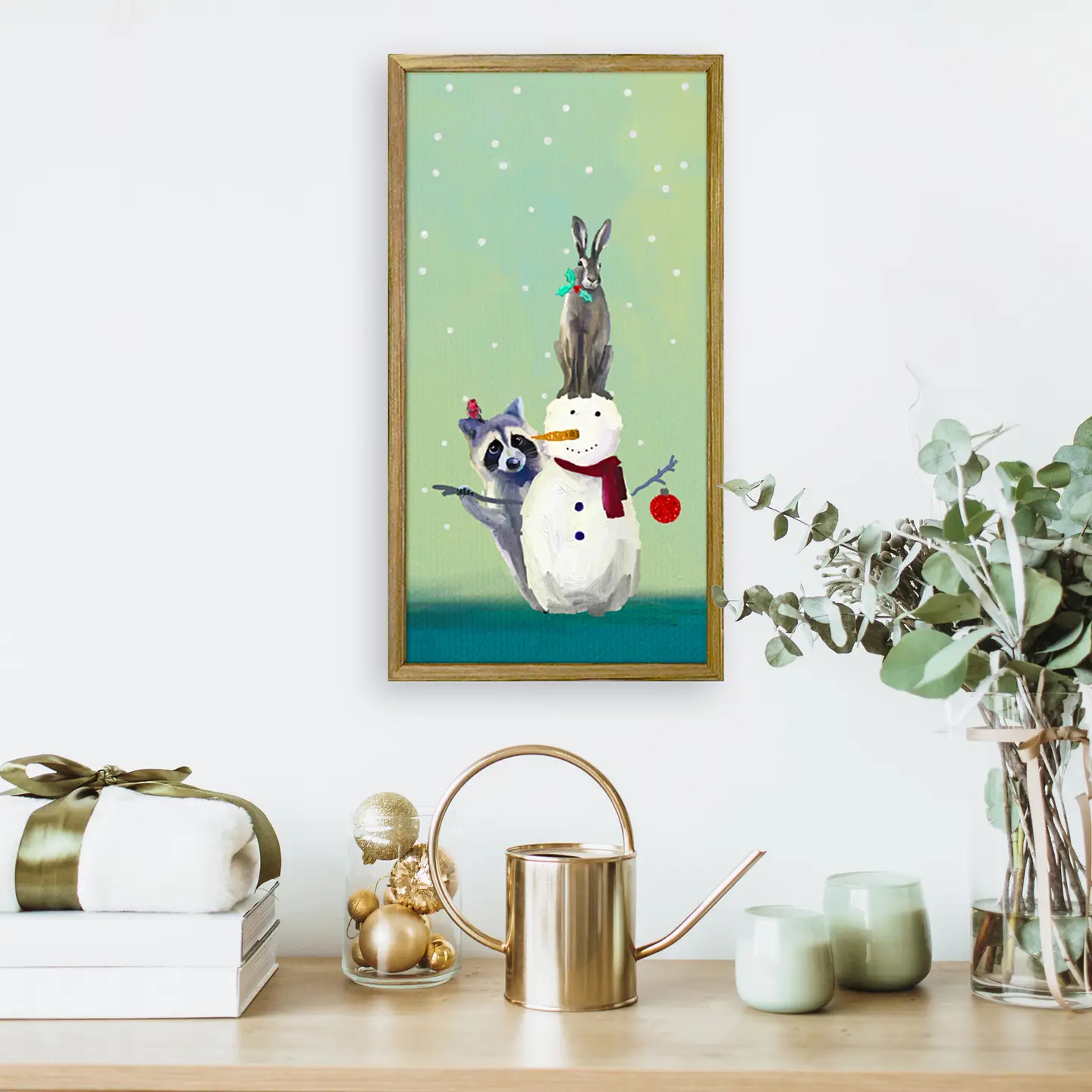 Holiday Snowman Raccoon Rabbit Mini Canvas