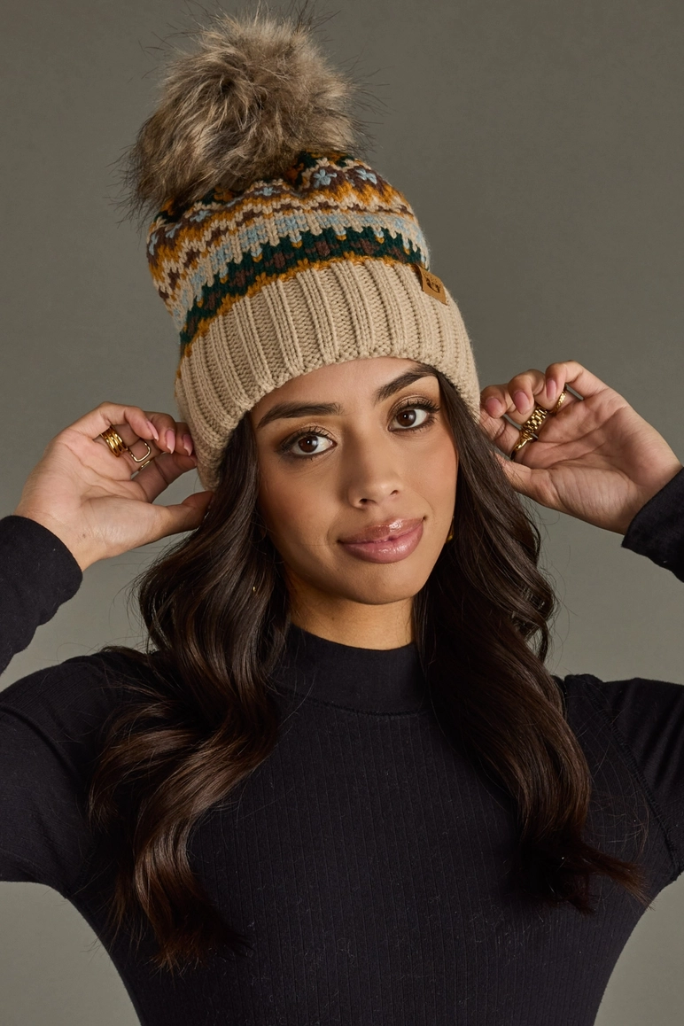 Taupe & Multicolored Patterned Pom Hat