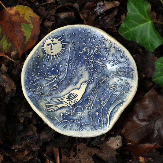 Blue Morning Bird Pottery Dish