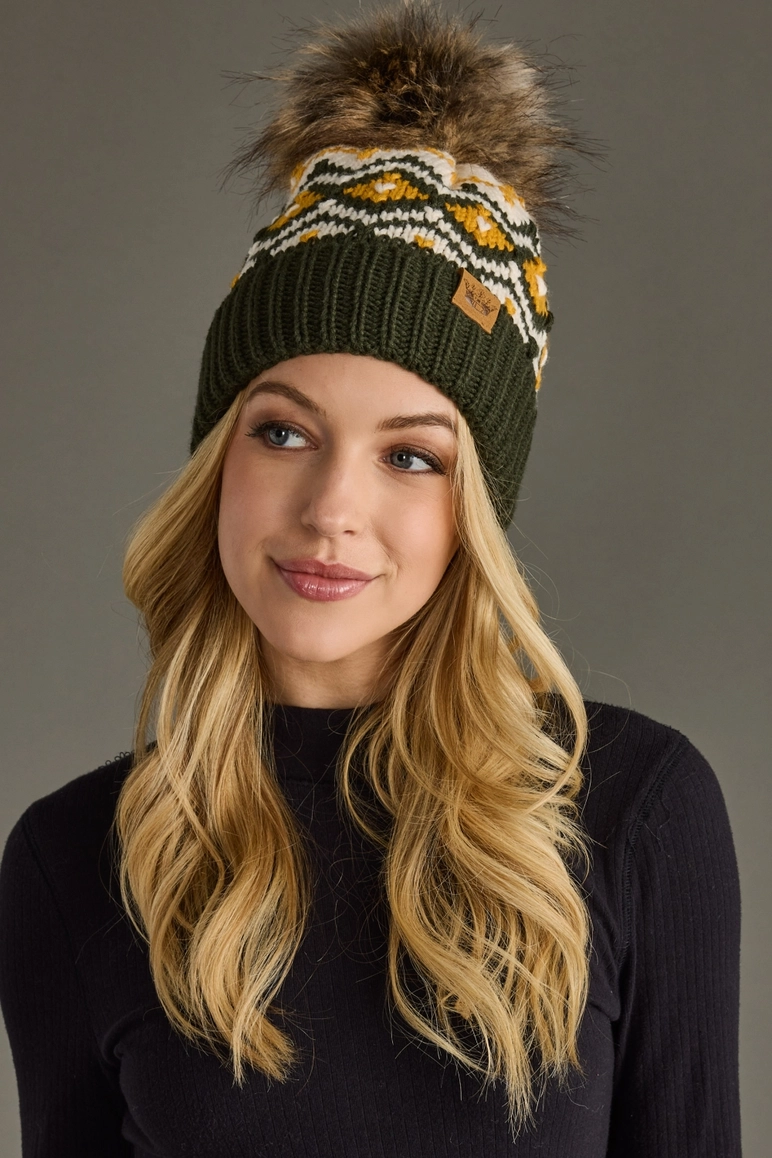 Olive, Cream & Mustard Pom Hat