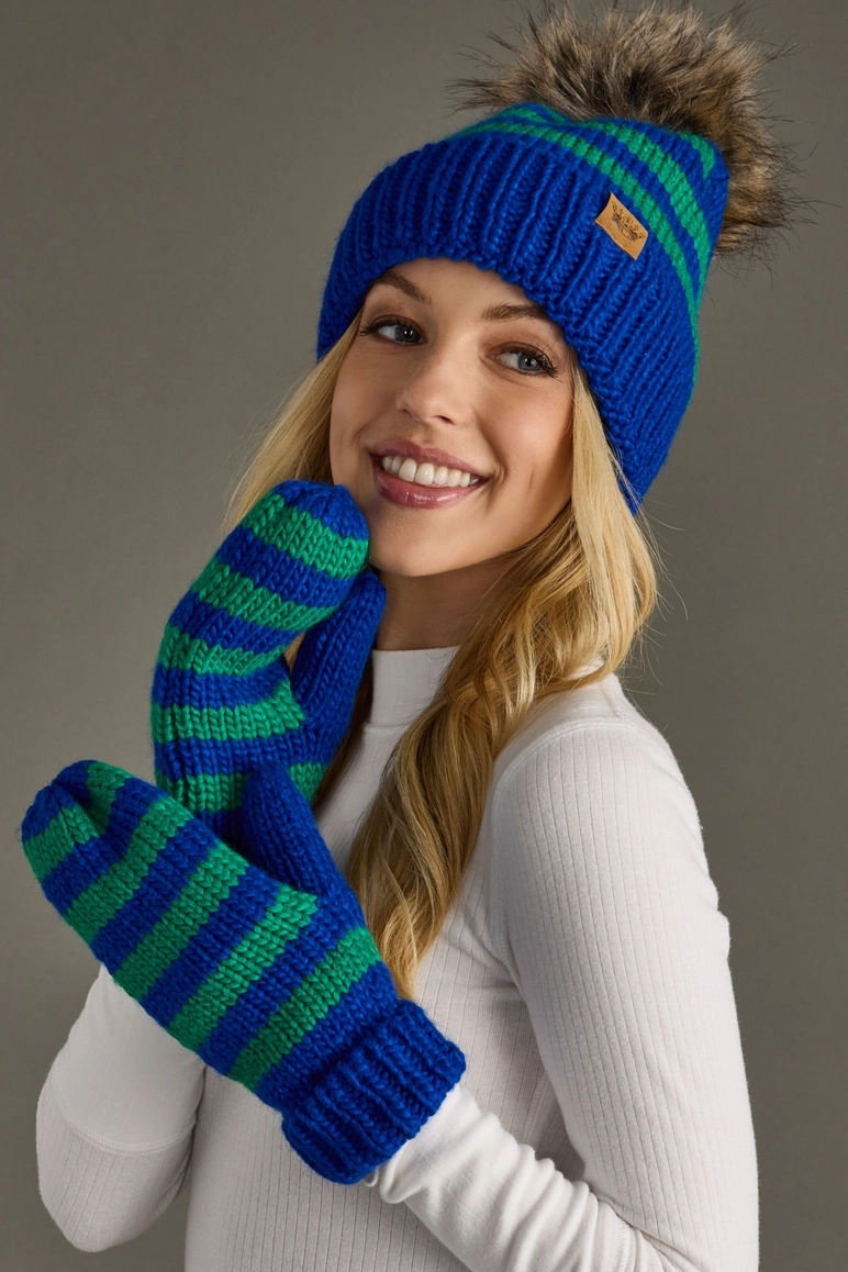 Royal Blue & Green Striped Pom Hat