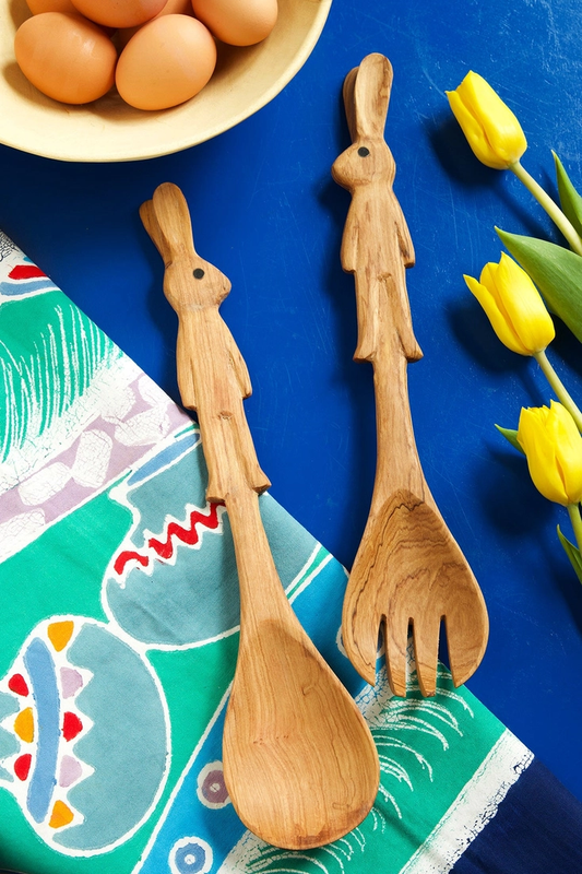 Olive Wood Bunny Salad Servers