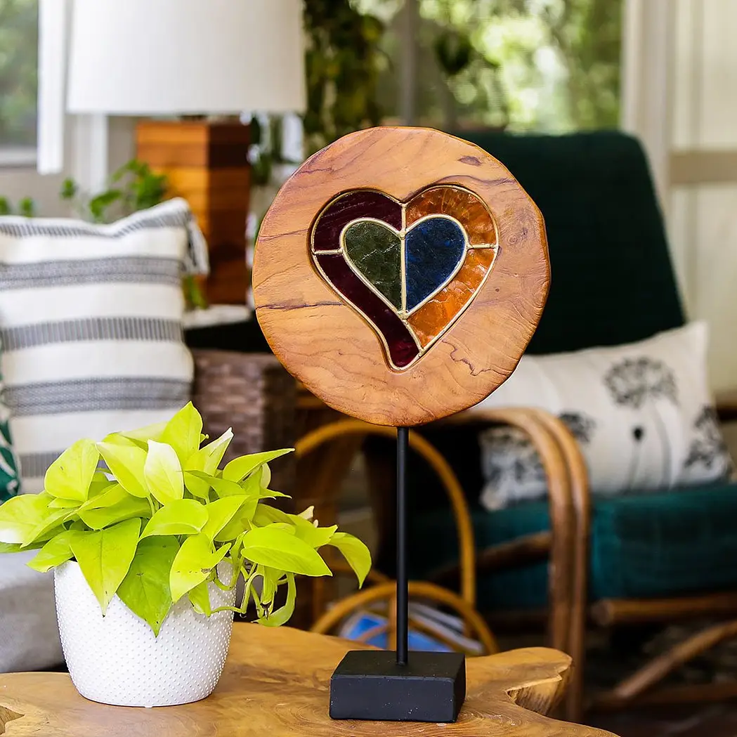 Teak Slab Stained  Glass Heart 20"