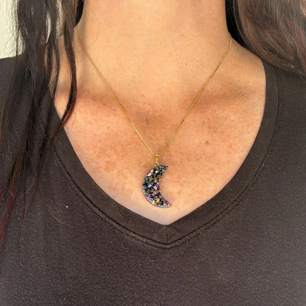 Rainbow Druzy Moon Necklace