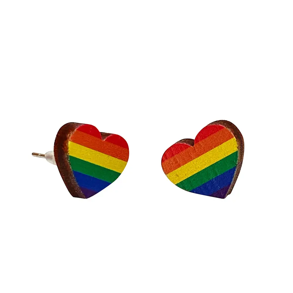 Wooden Earrings Heart Rainbow Studs