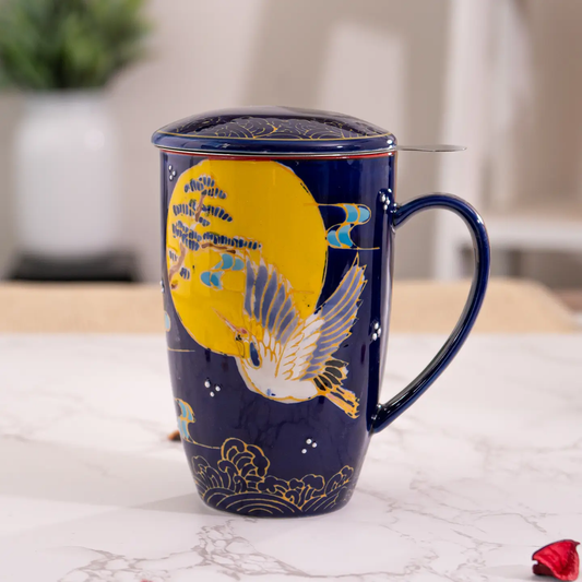 Tea Infuser Mug 15oz Navy Japanese Crane