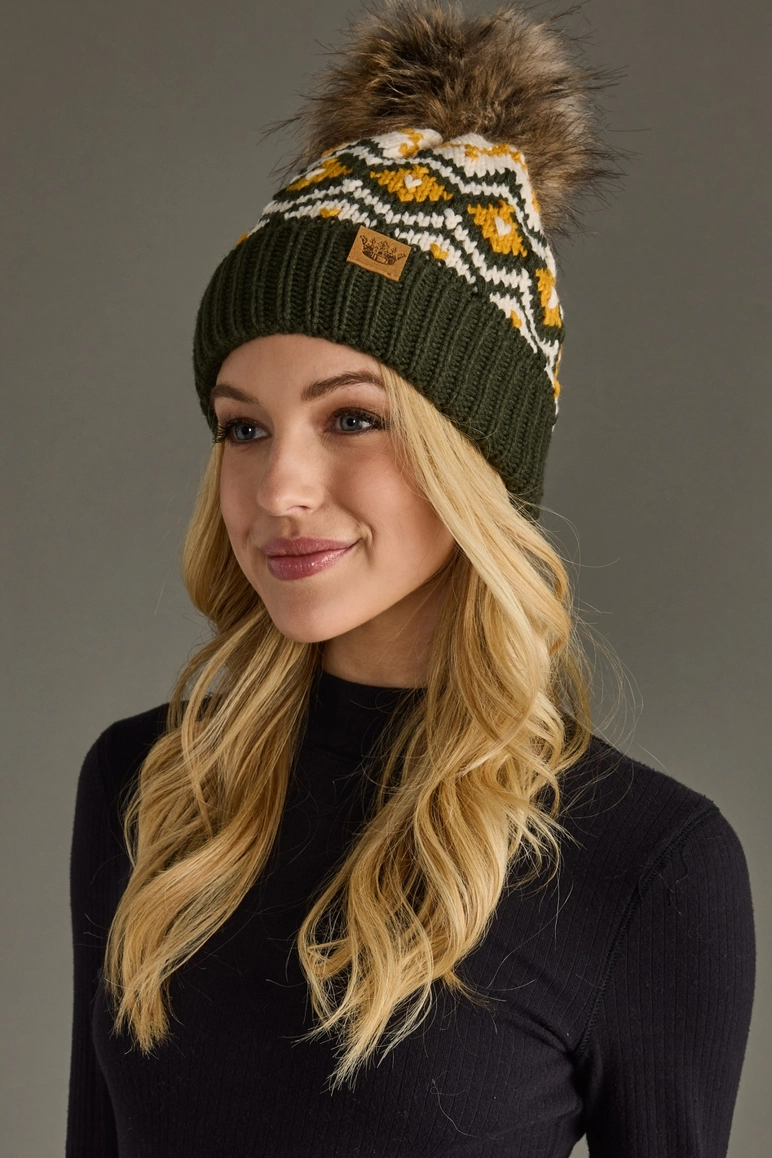 Olive, Cream & Mustard Pom Hat
