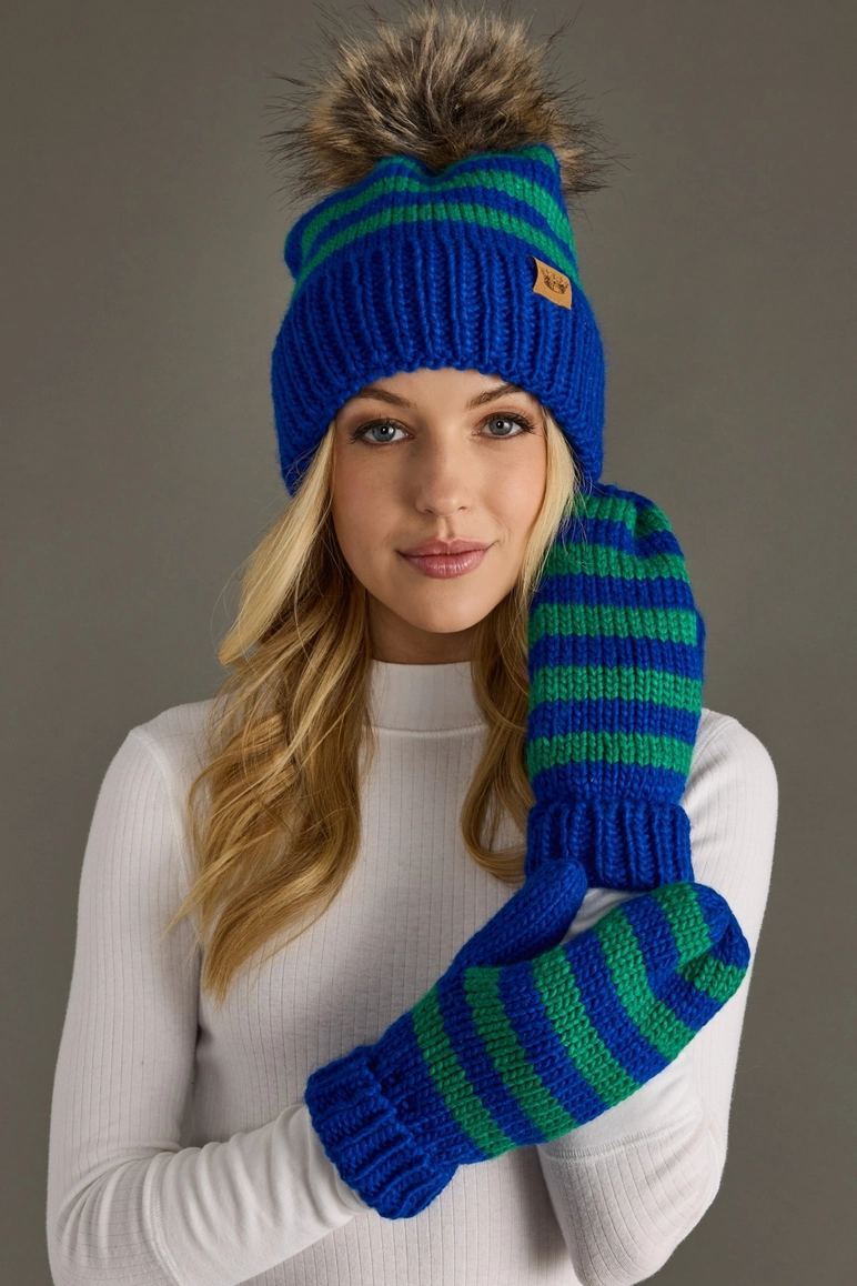 Royal Blue & Green Striped Pom Hat