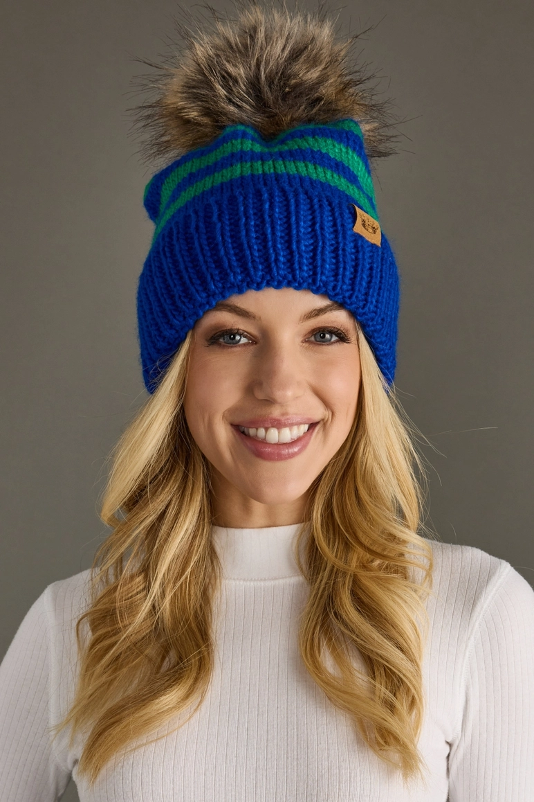 Royal Blue & Green Striped Pom Hat
