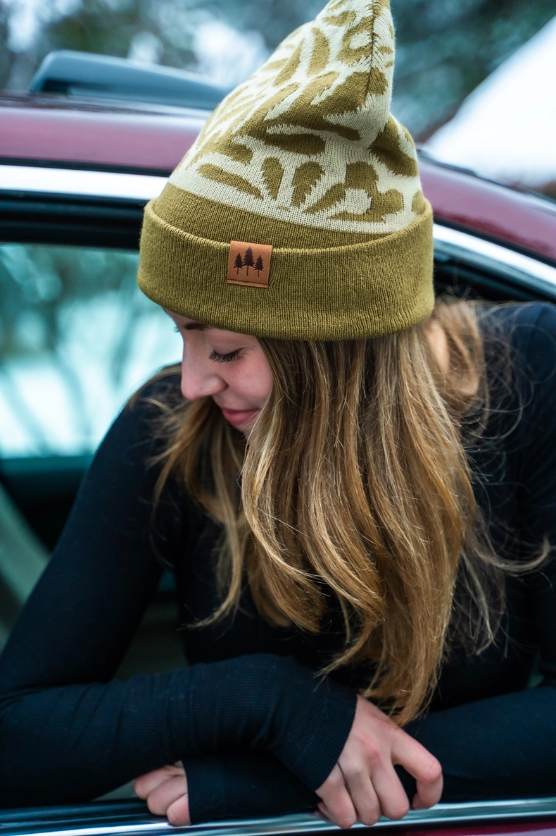 Floral Foldover Beanie - Olive