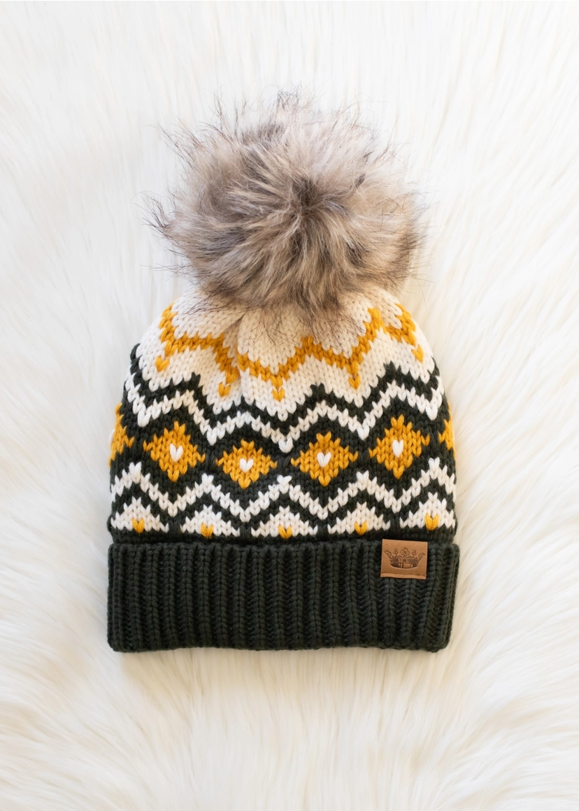 Olive, Cream & Mustard Pom Hat