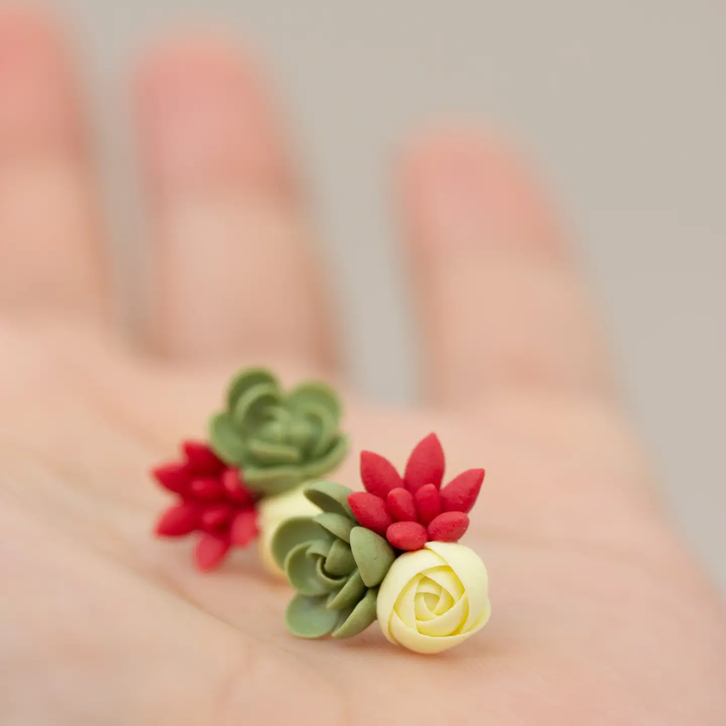 Handmade Succulent and Floral Bouquet Earrings - Red Green