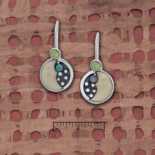 Tagua Half Moon with Star Peridot + Opal Earrings