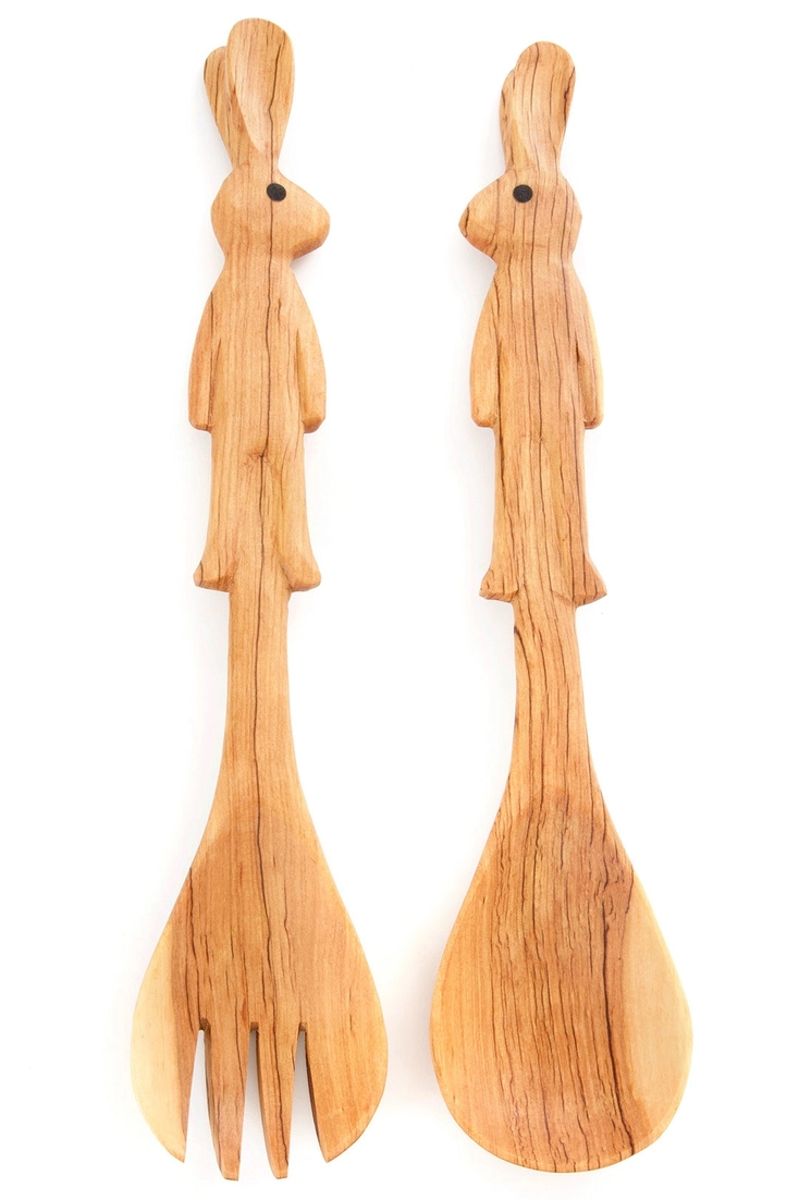 Olive Wood Bunny Salad Servers