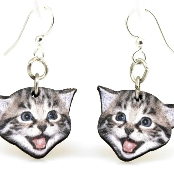 Wooden Earrings - Playful Kitten