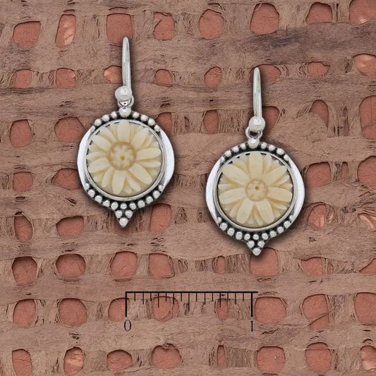 Tagua Nut Sunflower Silver Beads Earrings