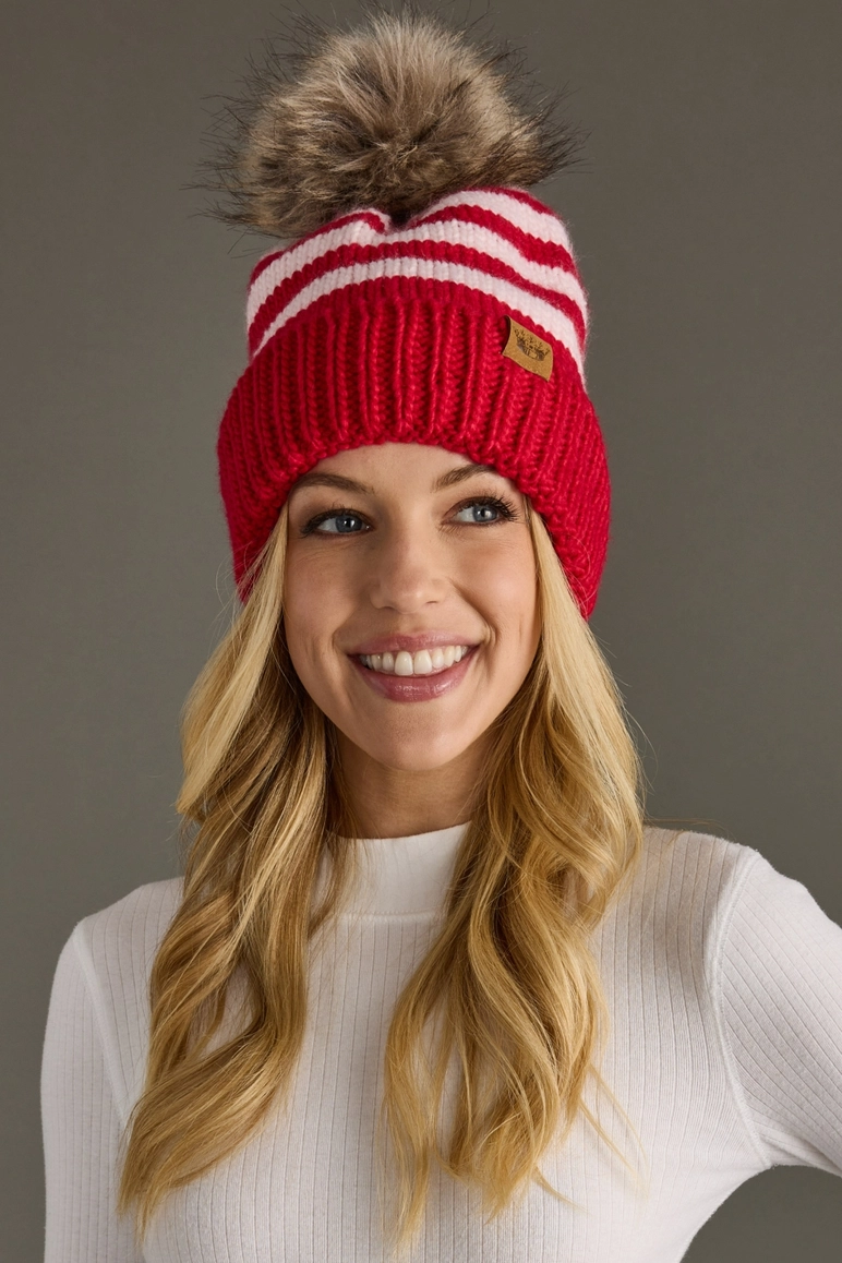 Red & Pink Striped Pom Hat