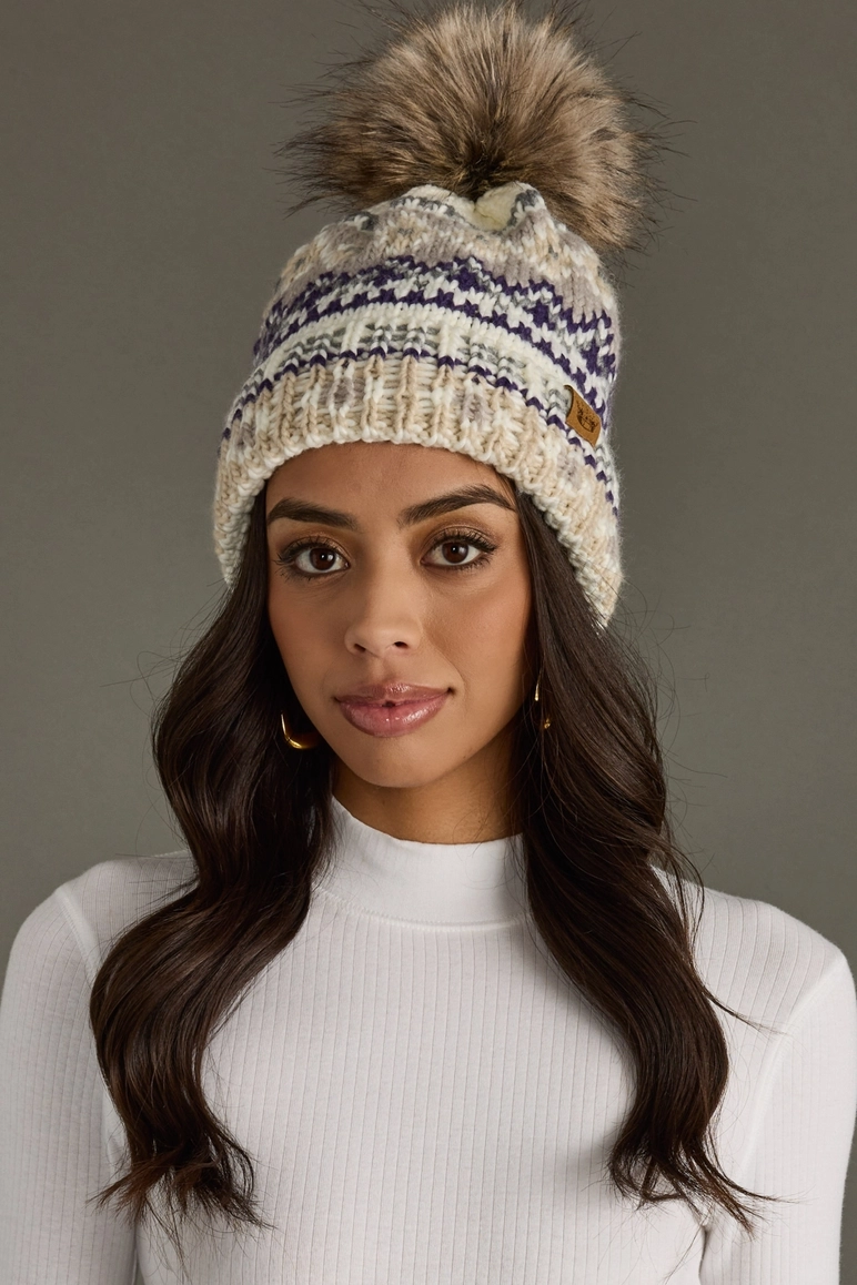 White, Purple & Taupe Pom Hat