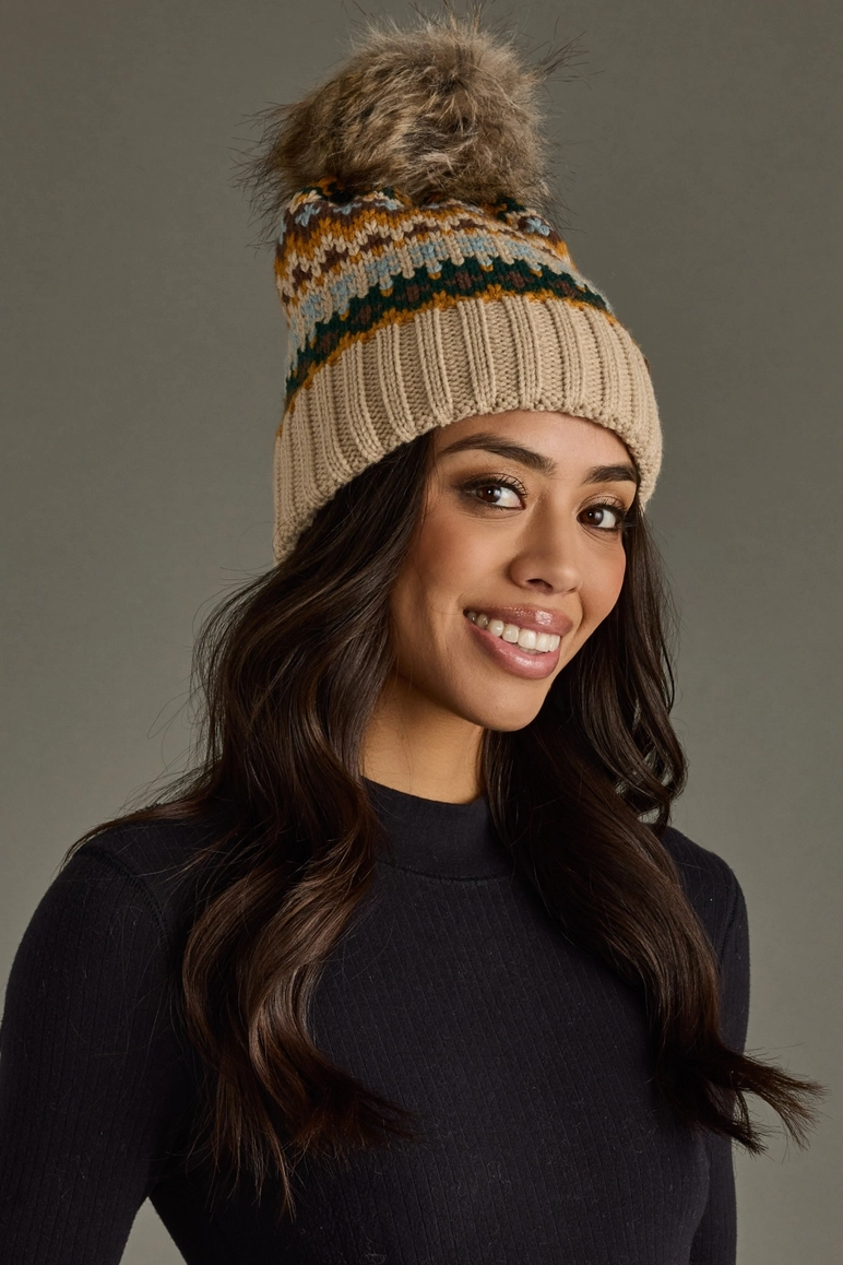 Taupe & Multicolored Patterned Pom Hat