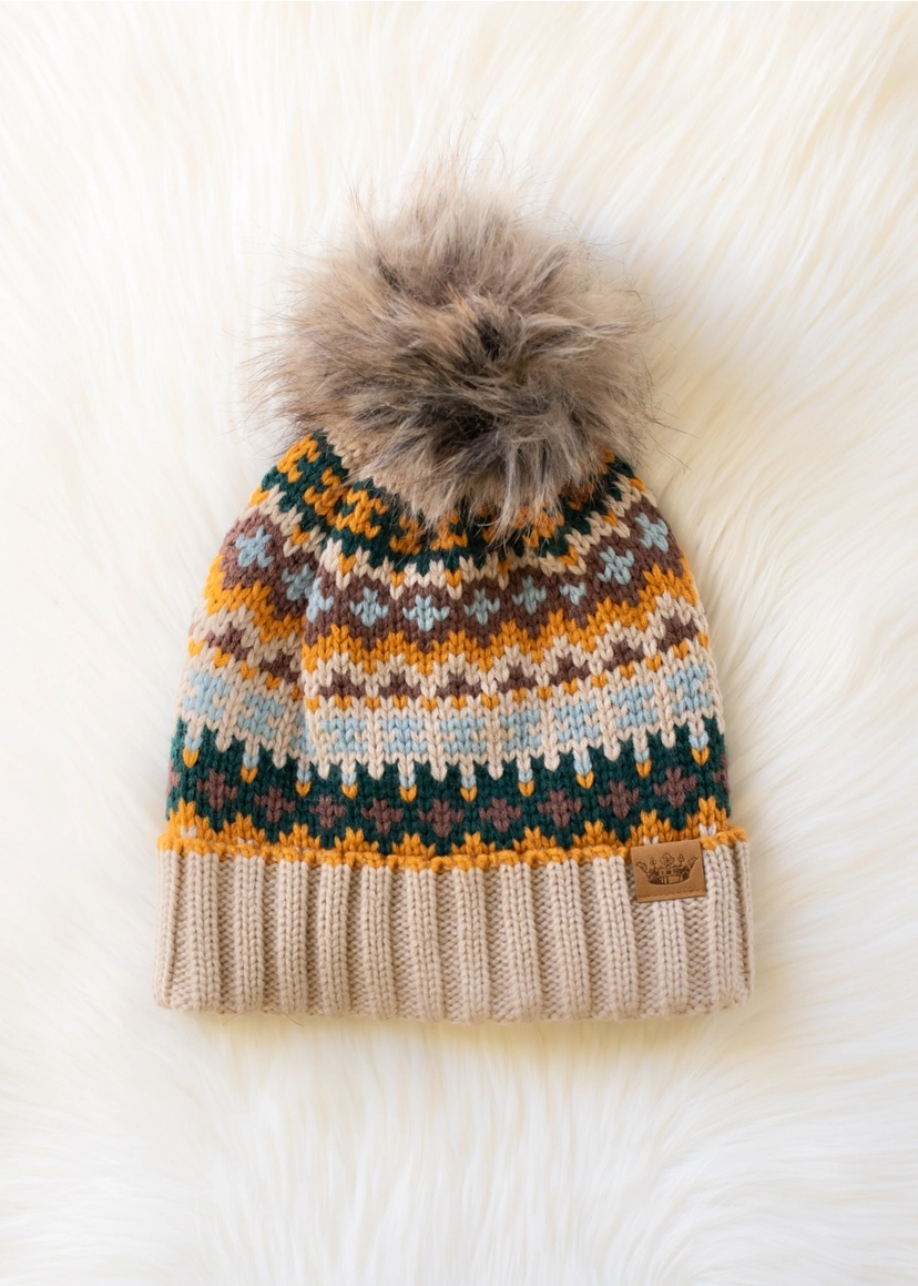 Taupe & Multicolored Patterned Pom Hat