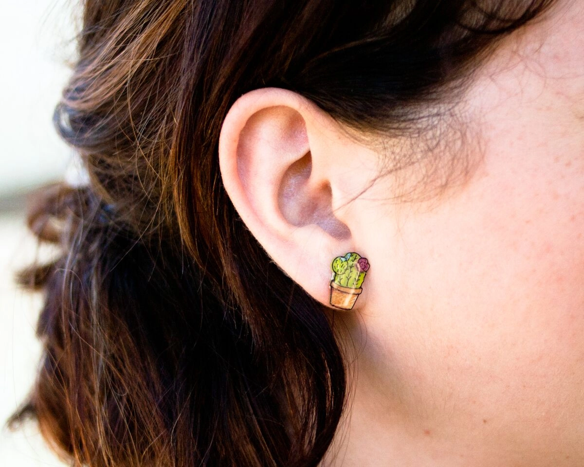 Potted Flowering Cactus Stud Earrings