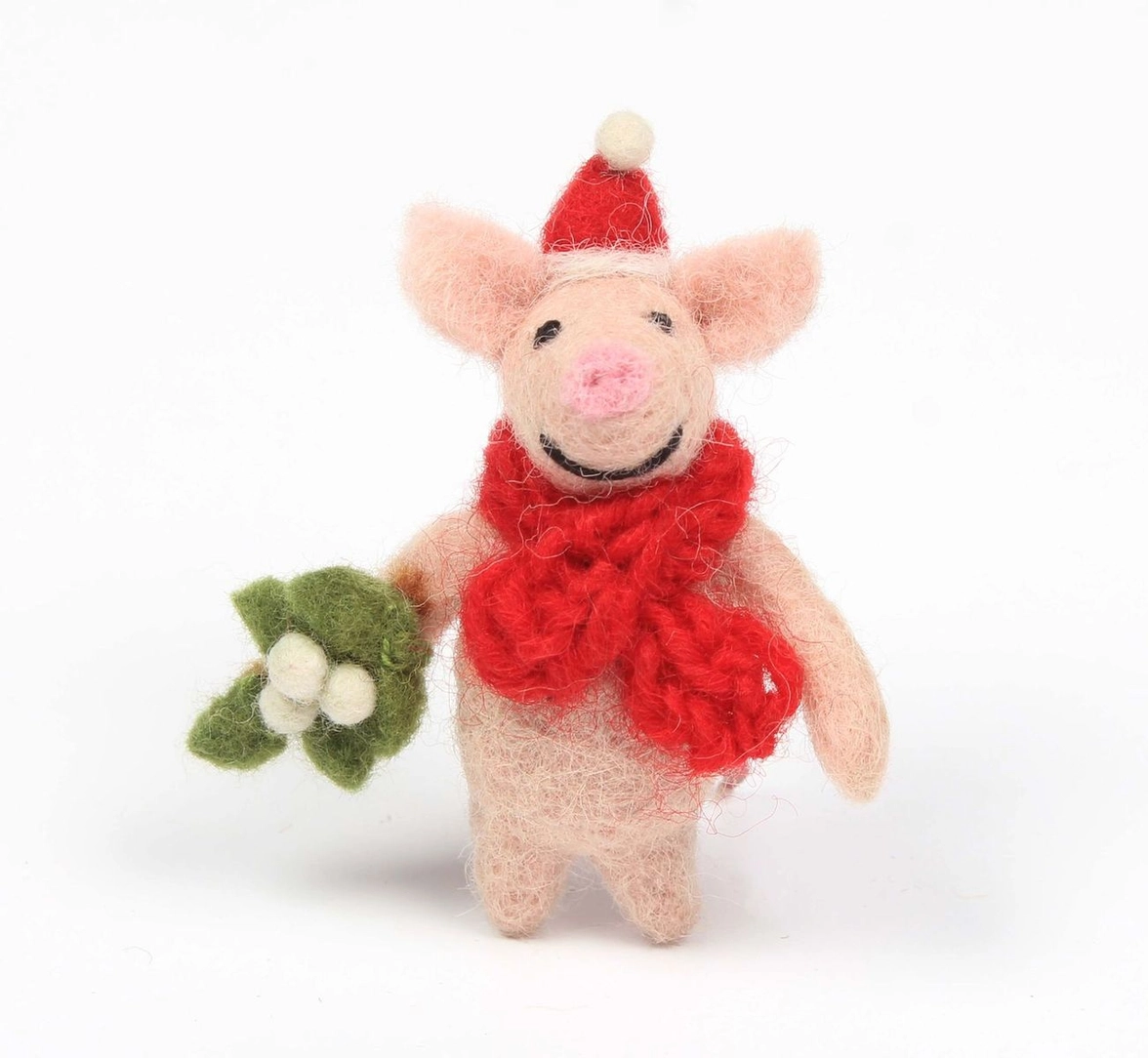 Felted Piglet with Mistletoe Ornament