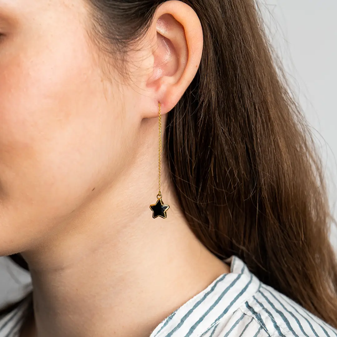 Black Onyx Star Ear Threader Earrings