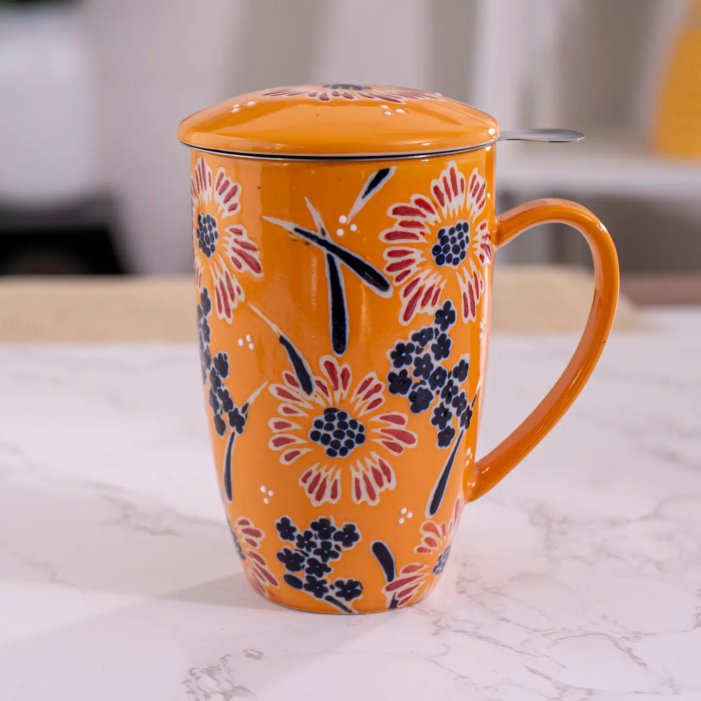 Tea Infuser Mug 15oz Yellow Flower