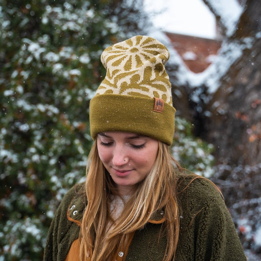 Floral Foldover Beanie - Olive