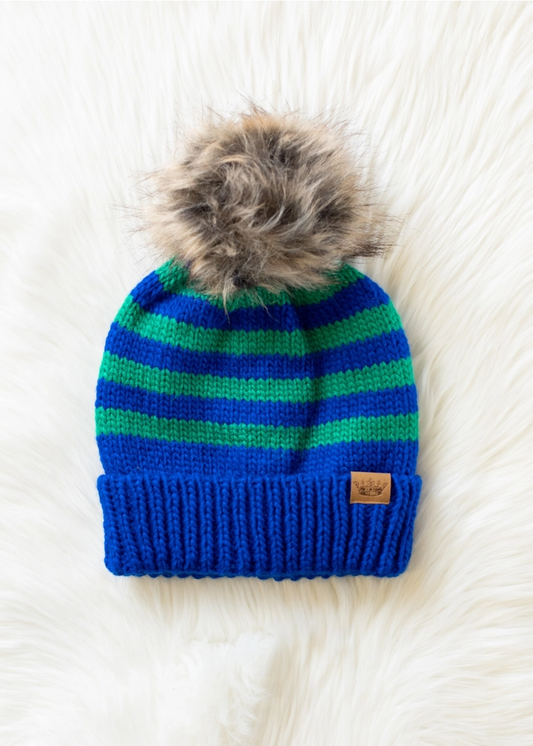 Royal Blue & Green Striped Pom Hat