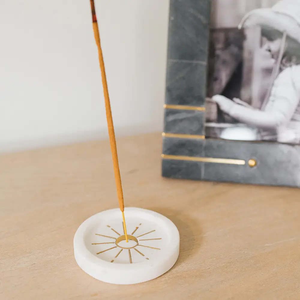 Indukala Round Moon Incense Holder White Carved Marble