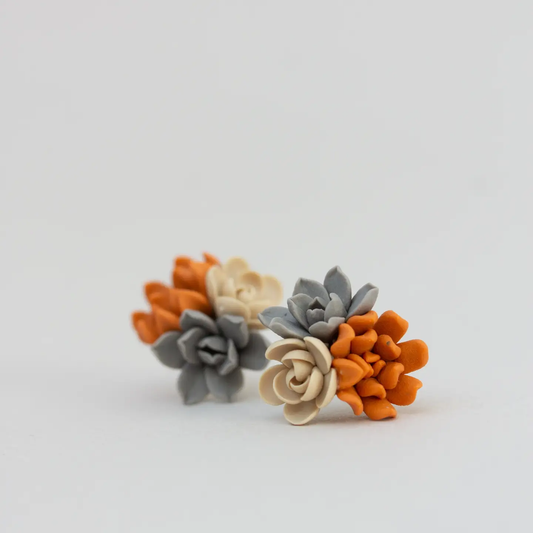 Succulent Stud Earrings - Orange Gray Echeveria Plant