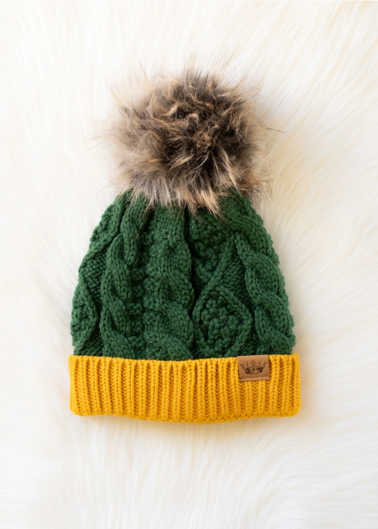 Green & Gold Trim Cable Hat