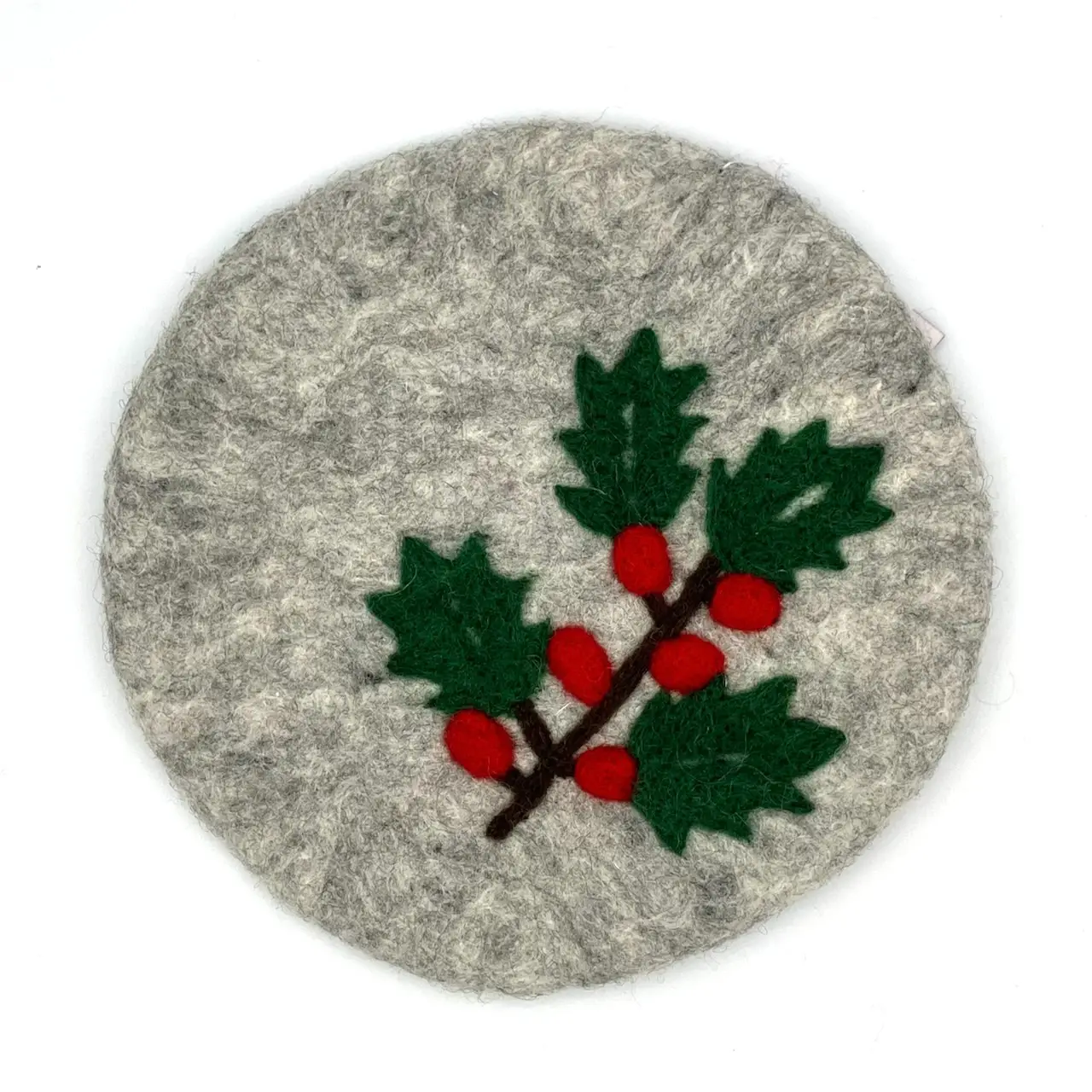 Holly Sprig Round Felted Trivet