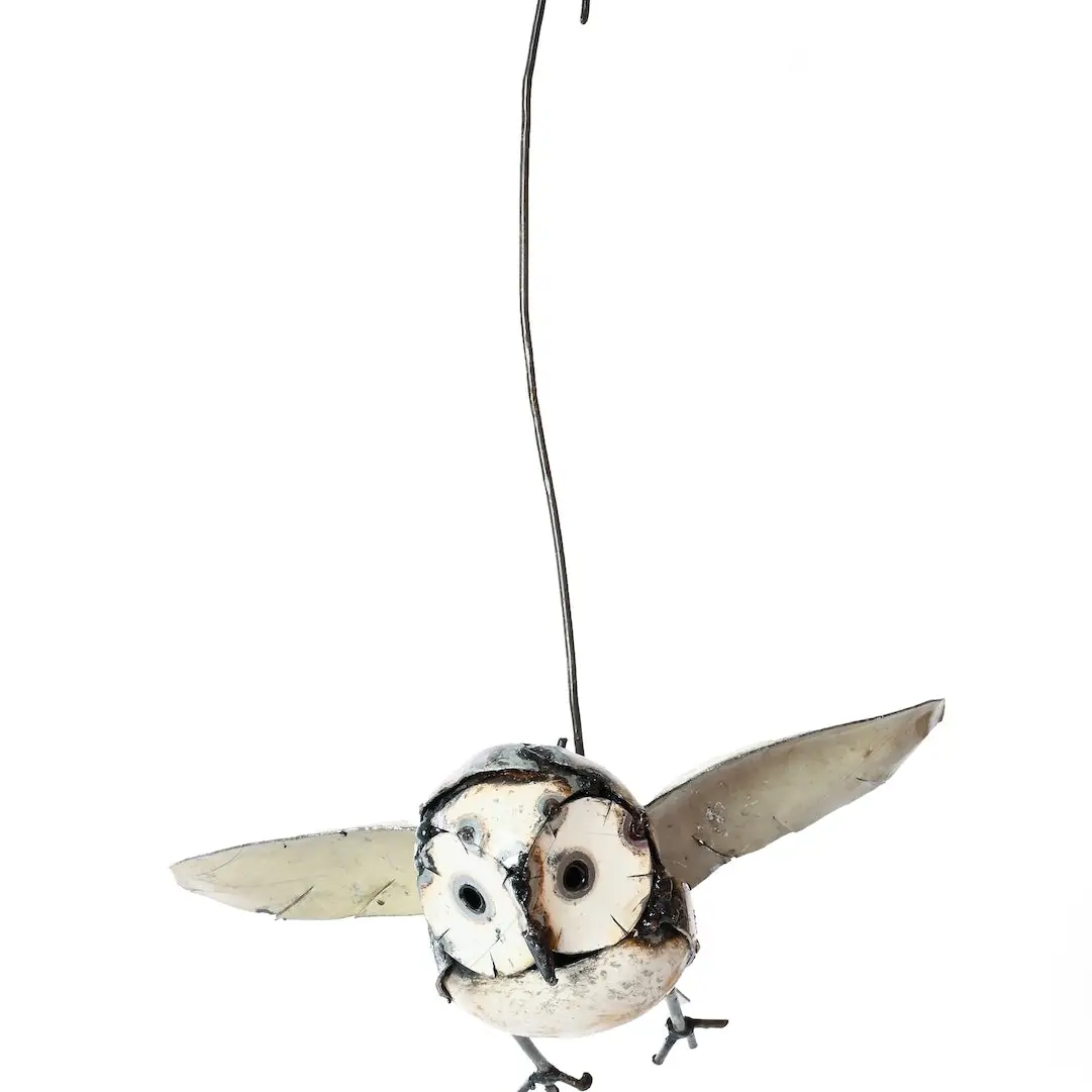 Recycled Metal Owl in Flight Hanging Sculpture