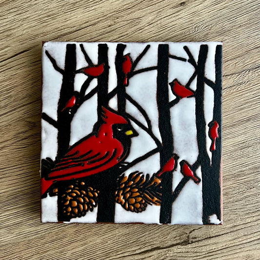 Tile - Cardinal with Pinecones